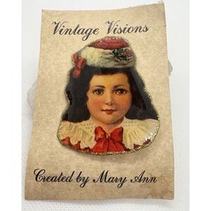 Vintage Visions Girl Christmas Brooch Pin Glitter Edge Signed Mary Ann‎ Handmade